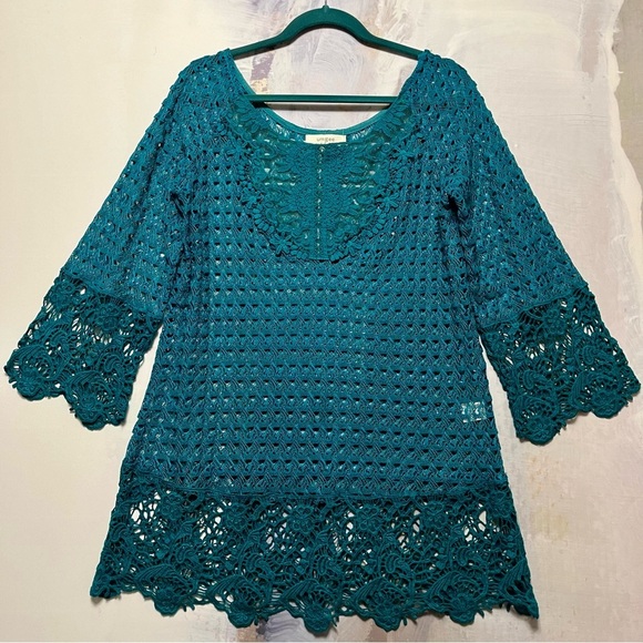 UMGEE Crochet Knit Tunic Cover-Up Womens L Boho Beach Hippie Turquoise Blue - Picture 1 of 16